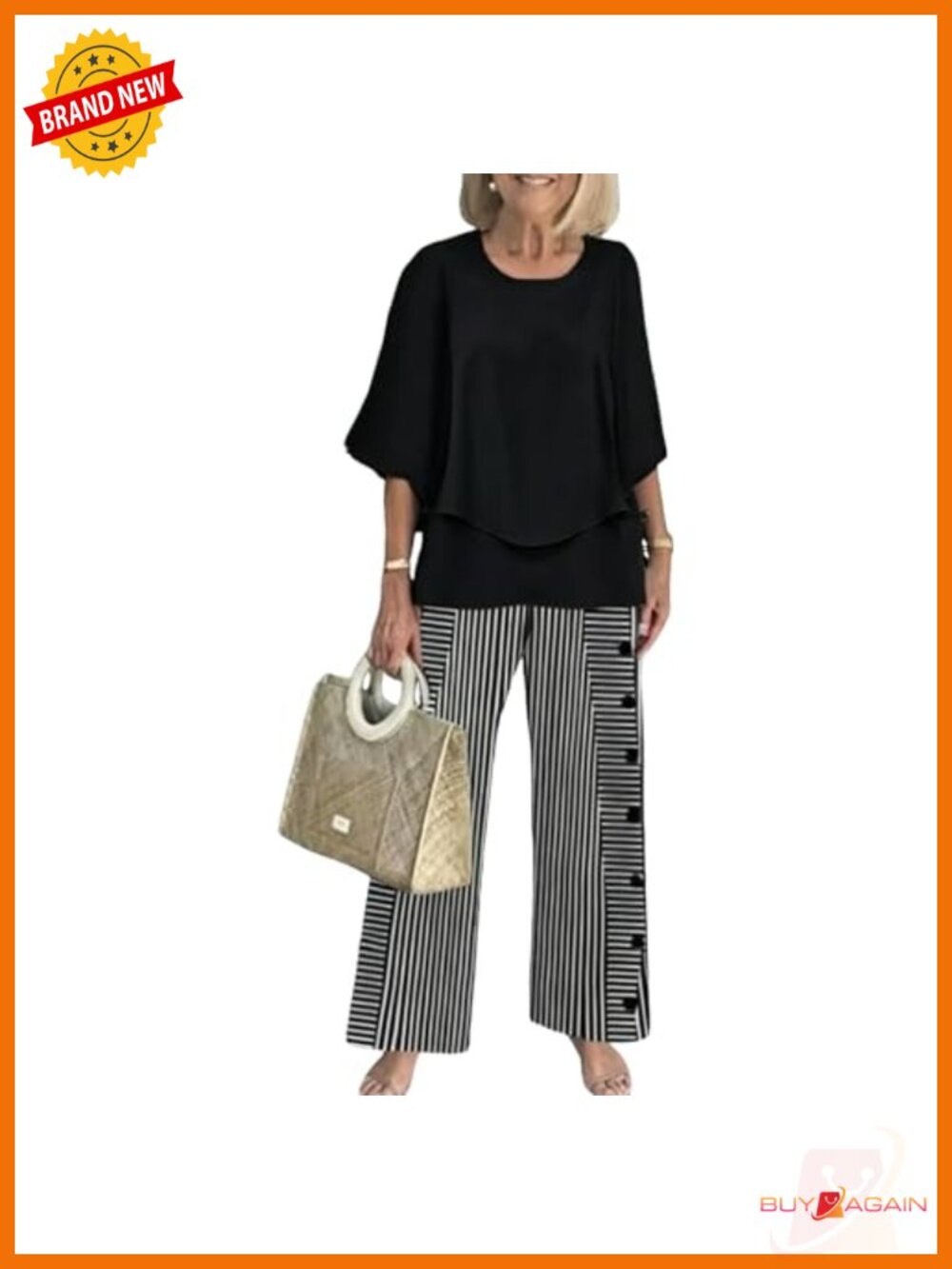Women's 2 Piece Lounge Set 3/4 Sleeve Top Wide Leg Pants Cotton Elastane